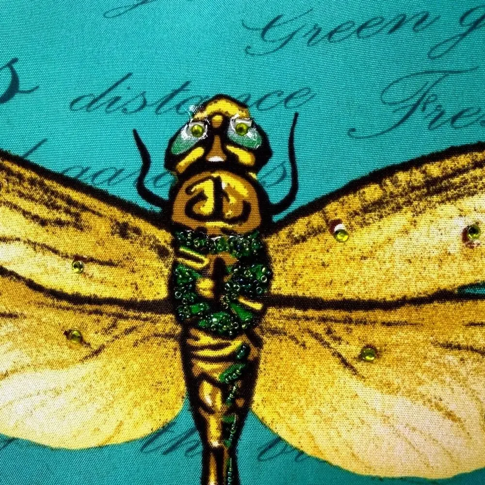 Dragonfly Decorative Throw Pillow 16x16 Teal Yellow Embellished Beaded Jeweled